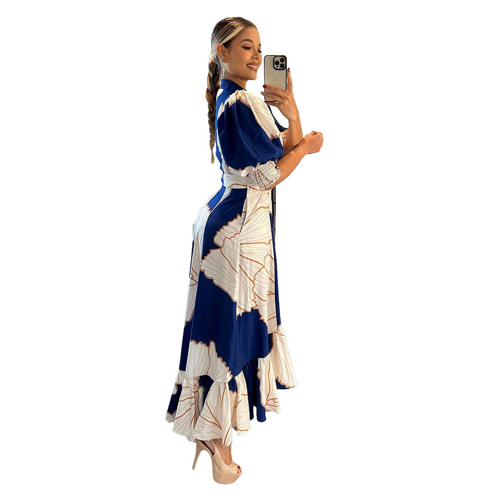 Women's Summer Print Lapel Short Sleeve Irregular Maxi Dress