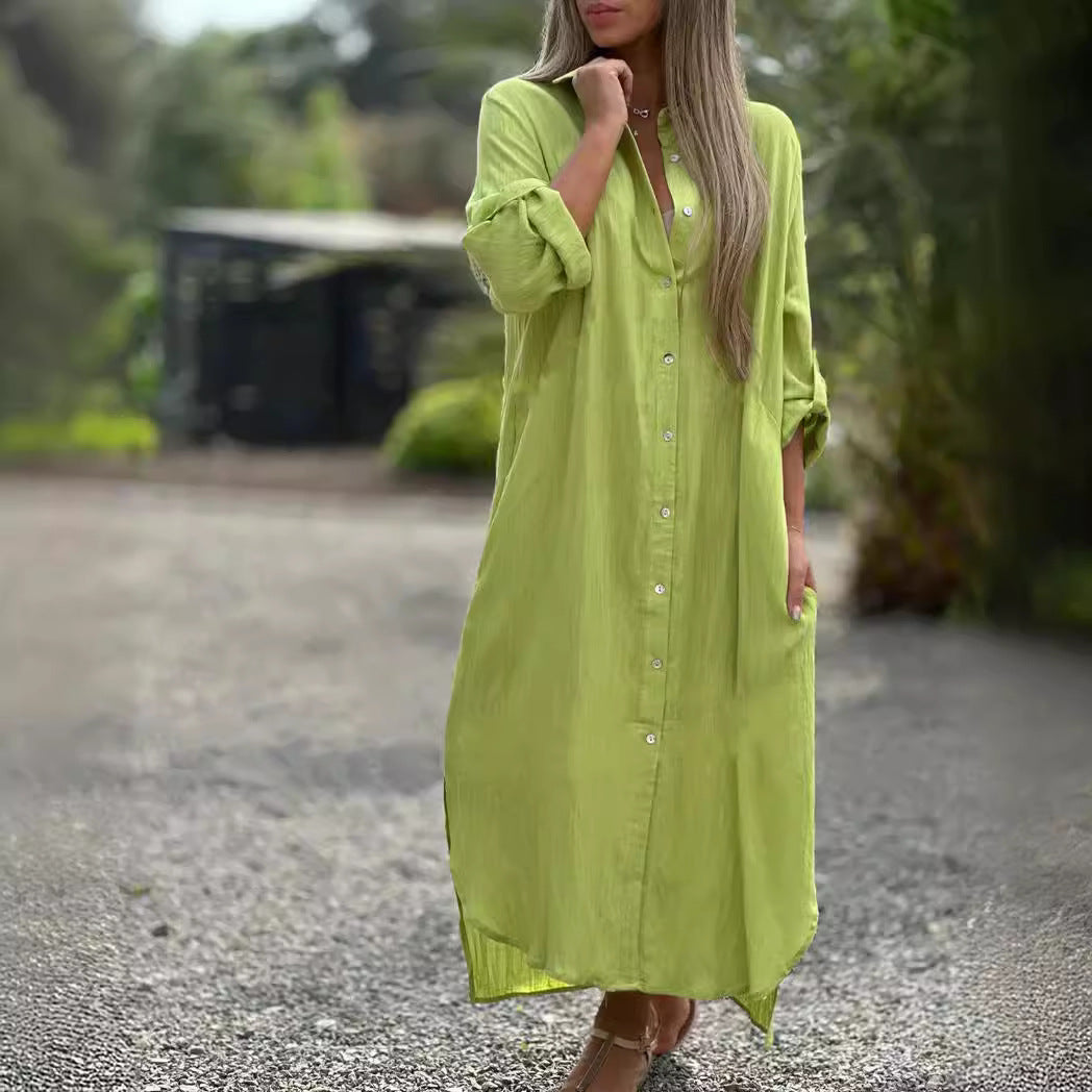Women's Casual Cotton Linen A-Line Maxi Dress, Long Sleeve