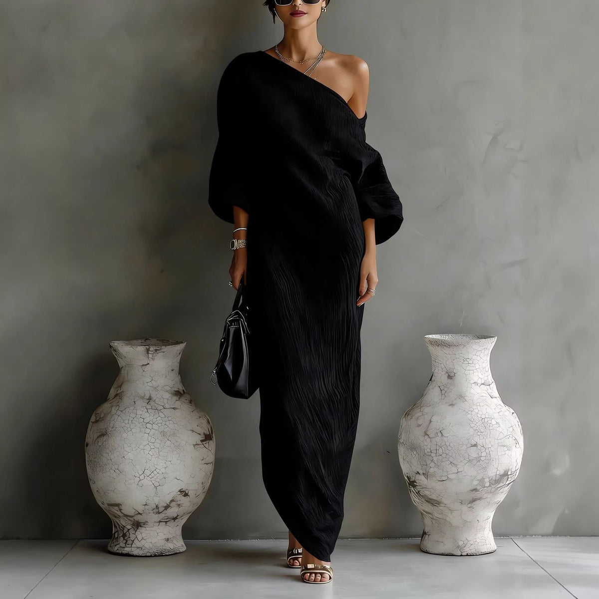 Spring and Summer Casual Women Long Sleeve Slanted Shoulder Maxi Dress