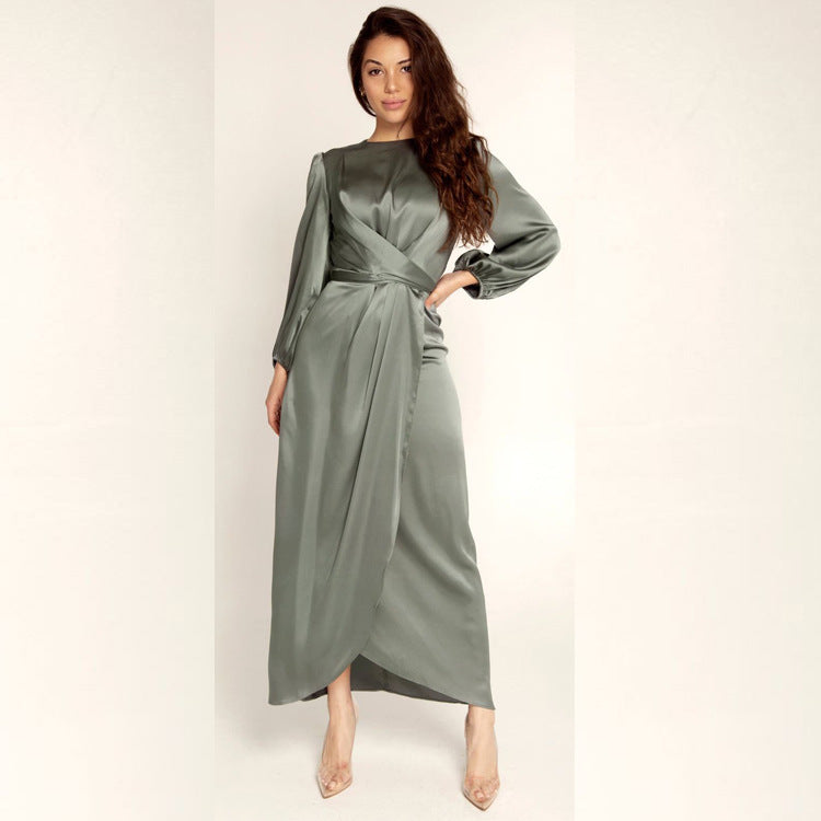 Women's Elegant Basic Long Sleeves Solid Color Satin Maxi Dress