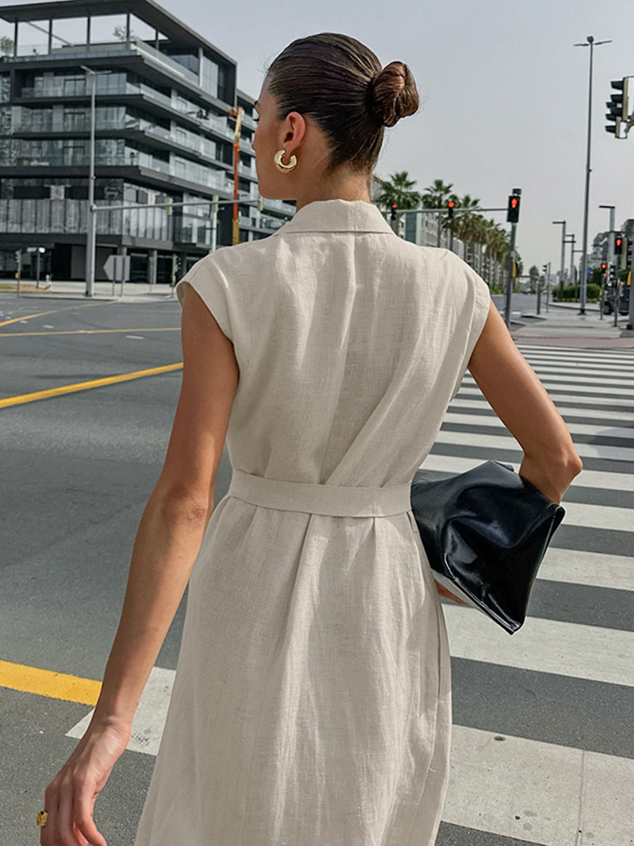 Women's Summer Solid Color Cotton and Linen Lapel Sleeveless Lace-Up Dress