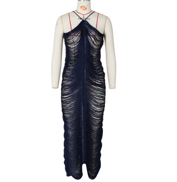 Women's Tassel Back Slit Halter Neck Evening Party Maxi Dress