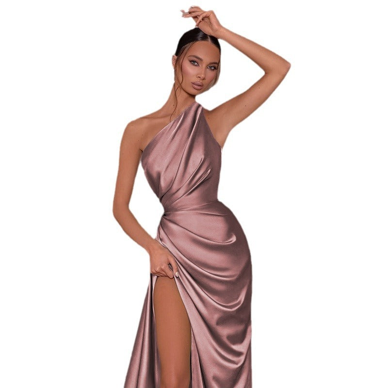 Women's Elegant Solid Color Side Split Oblique Shoulder Maxi Dress