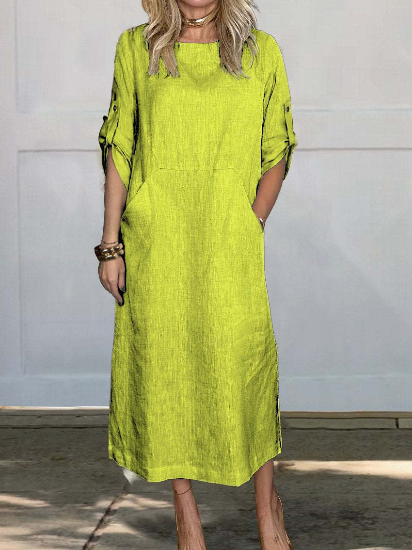 Women's Linen Solid Color Round Neck Short Sleeve Double Side Pocket Dress