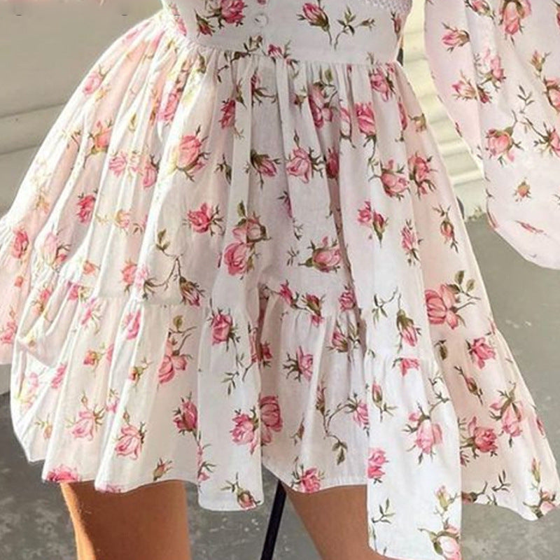 Women's Casual Tiny Flower Print V-Neck Long Sleeve Princess Dress