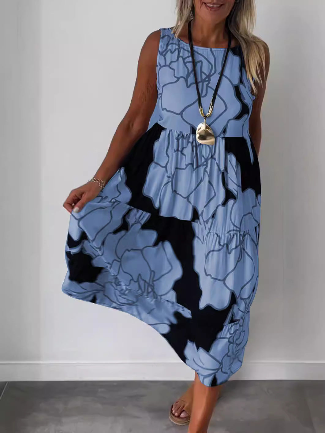Women's Summer Casual Sling Style Geometric Print Sleeveless Long Dress
