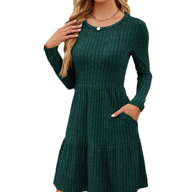 Women's Crewneck Pocket Casual Knee Length Long Sleeve Knitted A-Line Dress