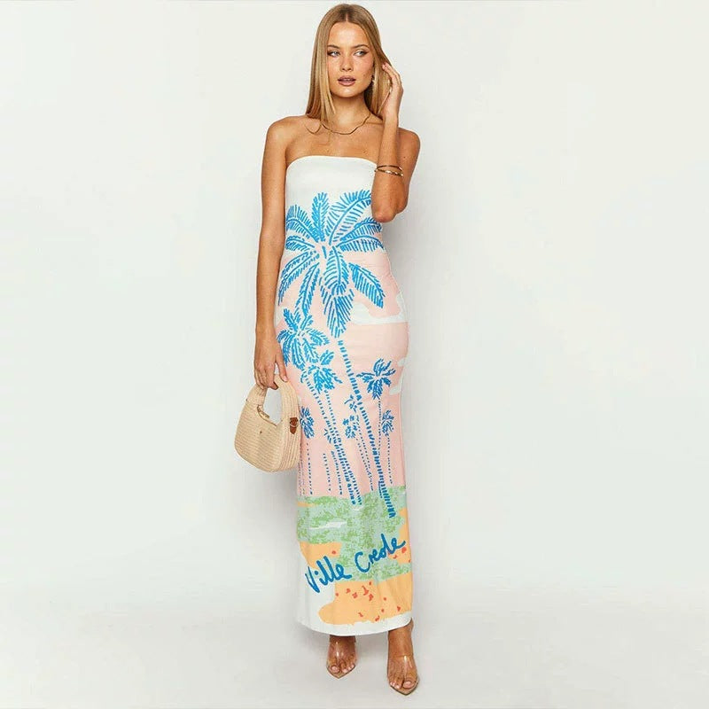 Women's Sexy Hanging Print Tube Top Bodycon Maxi Dress