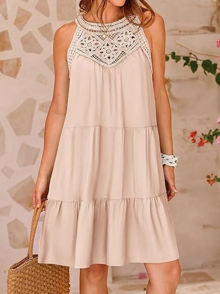 Women's Summer Casual Hollow Sleeveless Dress Cotton Polyester Short Skirt