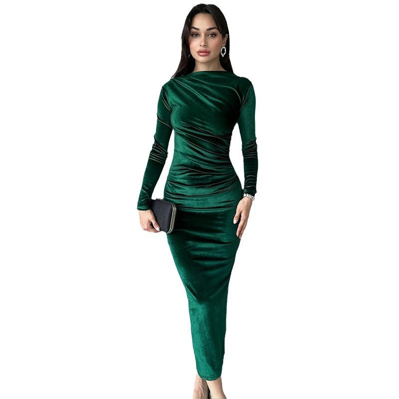 Women's Solid Color Wrinkle Resistant Crewneck Long Sleeve Slim Dress