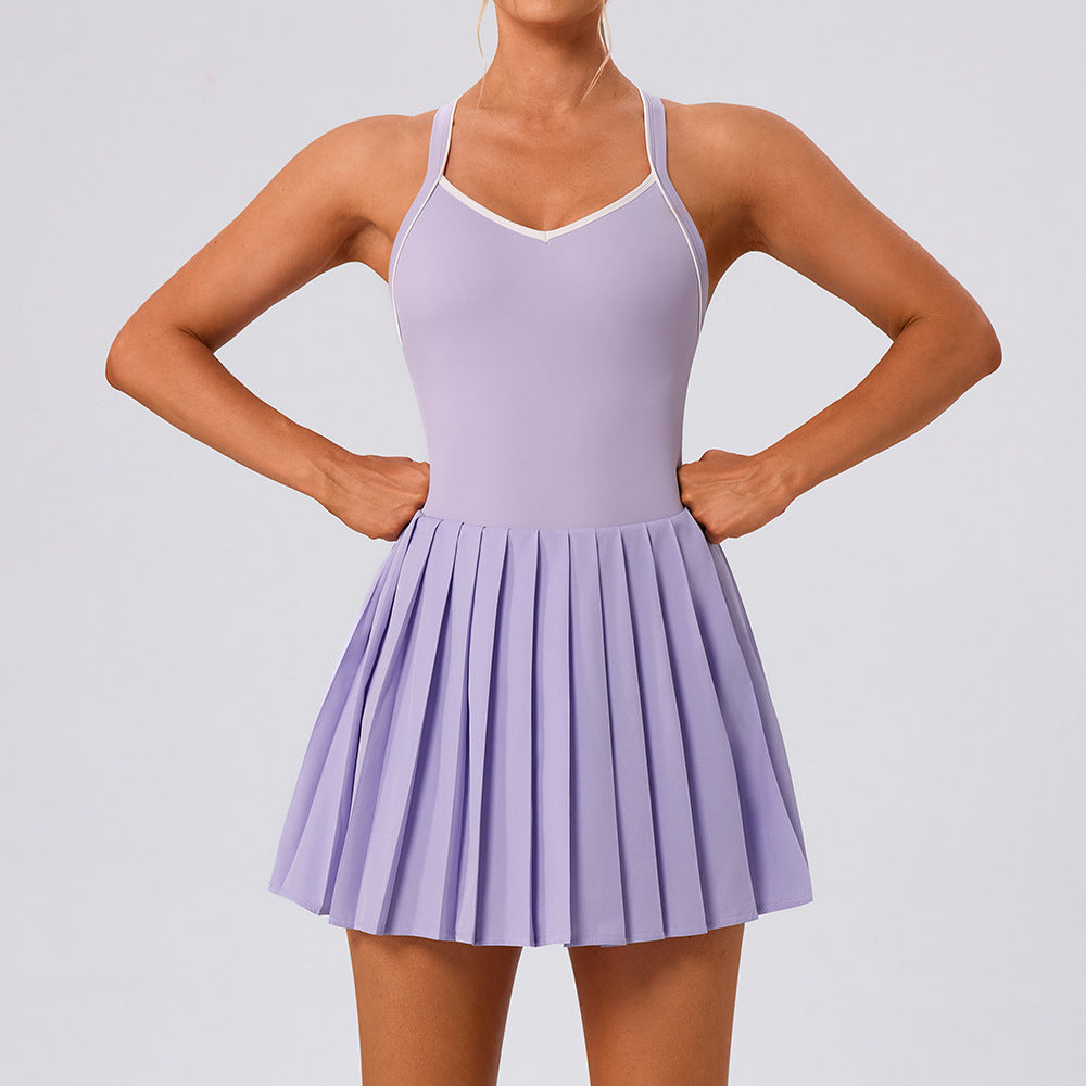 Women's Backless Contrast Color Pleated Quick-Drying Sports Dress