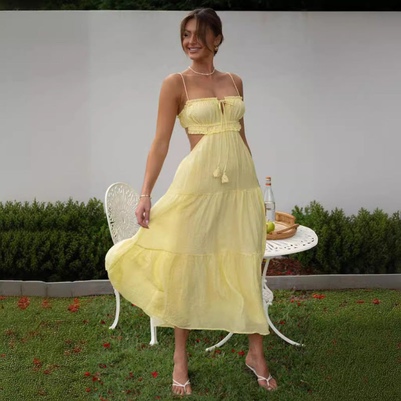 Women's Casual Solid Color Strap Backless Hollow Maxi Dress