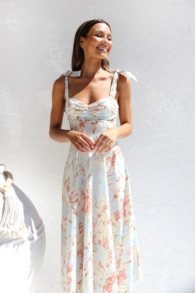 Women's Elegant Floral Lace-Up Sleeveless Long Dress