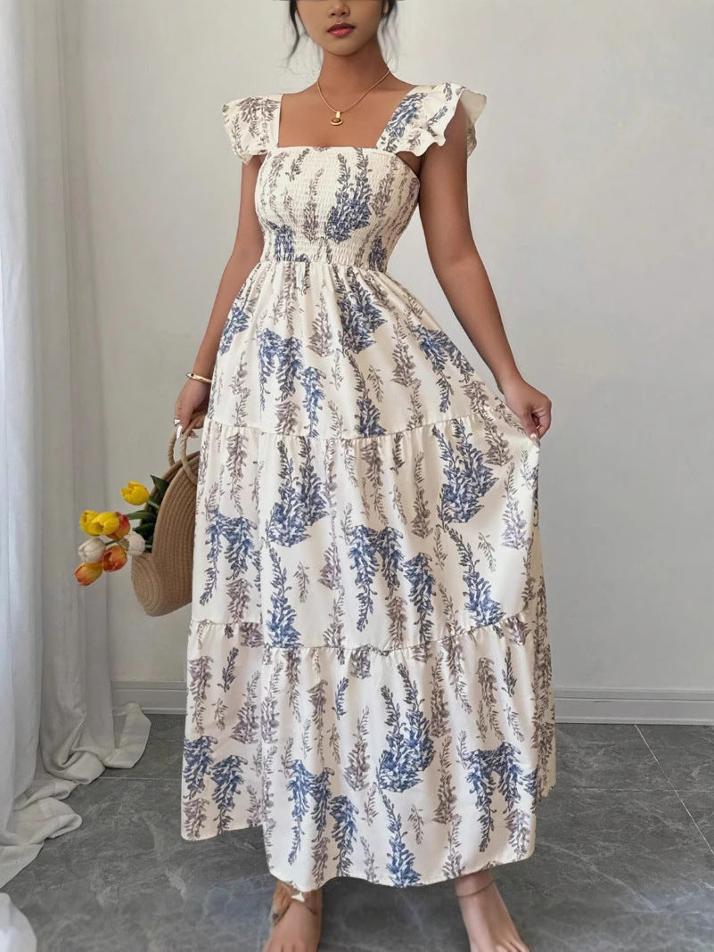 Women's Casual Summer Printed Square Collar Sleeveless Dress