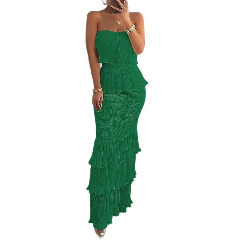Women's Sexy Elegant Solid Color Sleeveless Tube Top Pleated Ruffled Dress