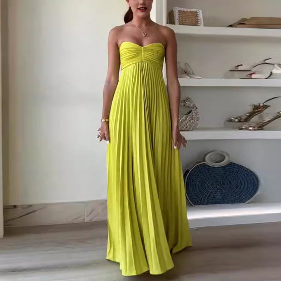 Women's Solid Color Strapless Pleated Maxi Dress