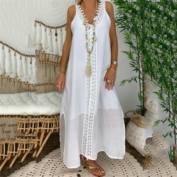 Women's Vintage Boho Lace Patchwork V-Neck Maxi Dress, Plus Size