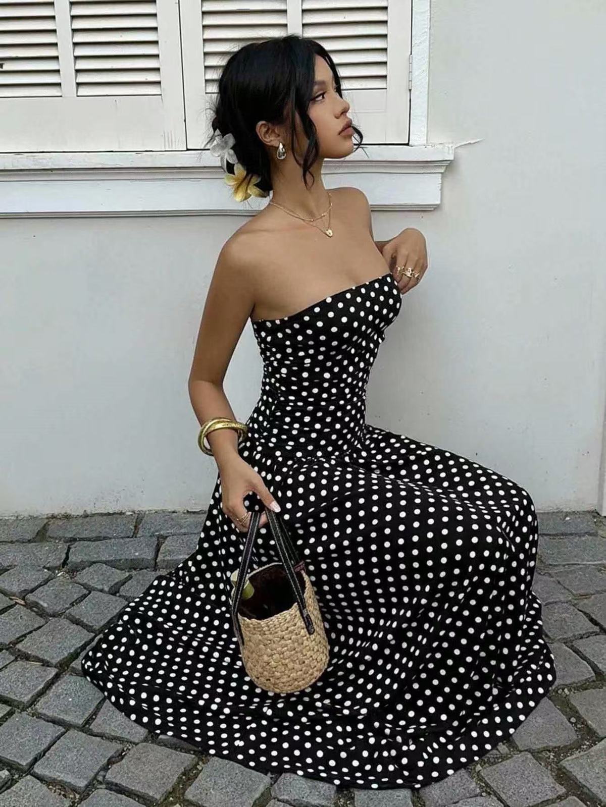 Women's Sexy Elegant Summer Polka Dots Tube Top A-Line Dress