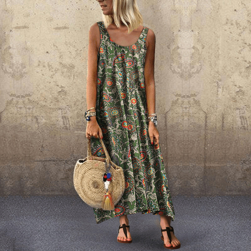 Women's Casual Chiffon Plant Printing Round Neck Sleeveless Dress