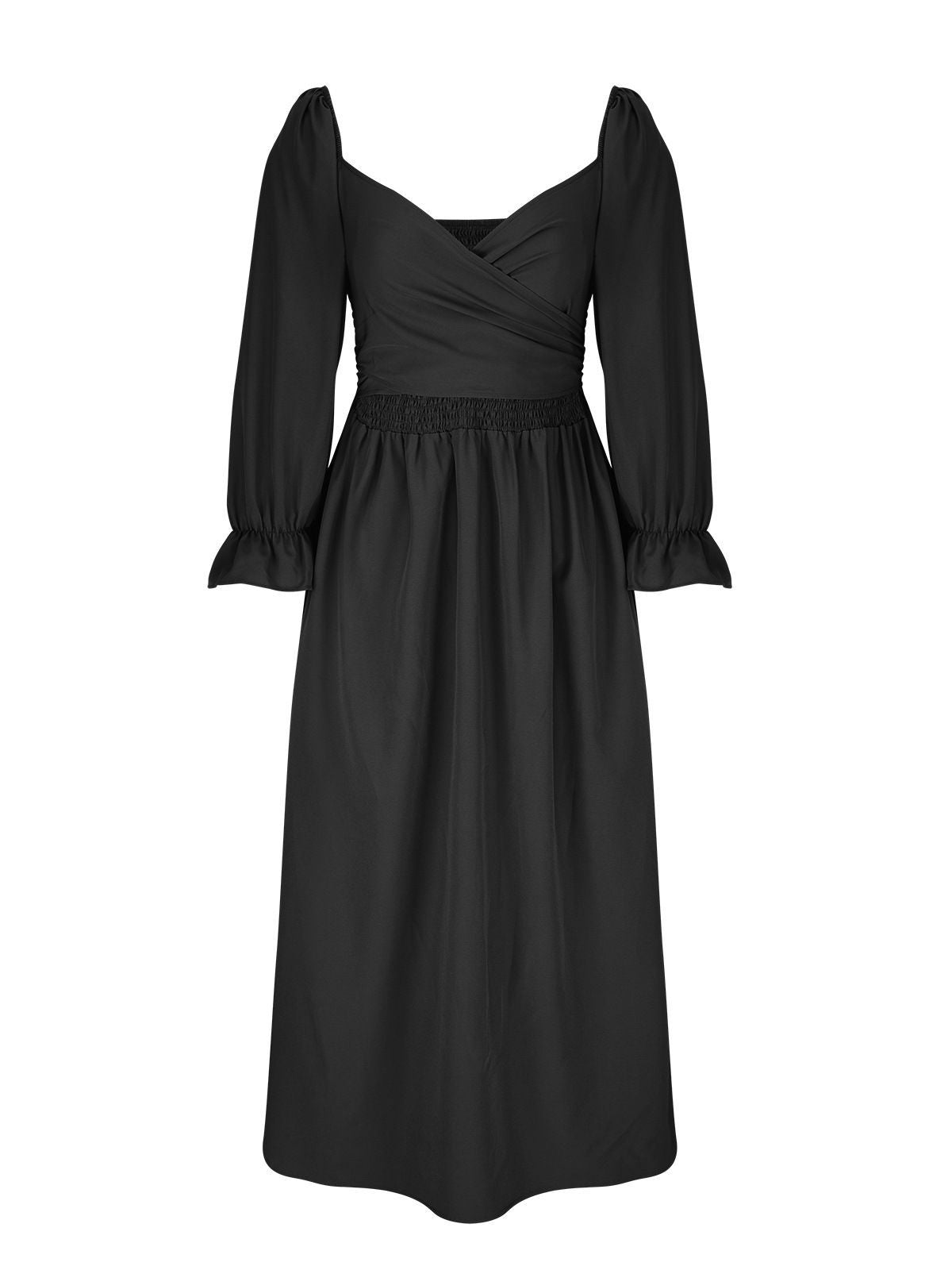 Women's Elegant Solid Color Long Sleeve V-Neck Midi Dress