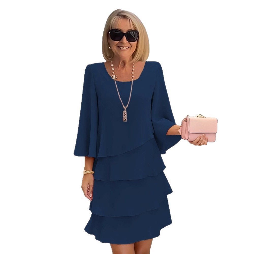 Women's Spring and Summer Solid Color Round Neck Long Sleeve Layered Dress