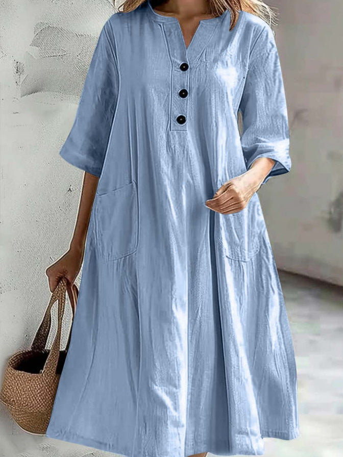 Women's Solid Color Cotton and Linen V-Neck Half-Sleeve Three-Button Dress