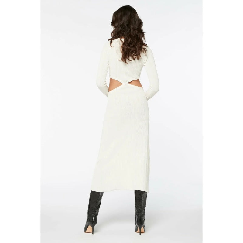 Women's Autumn Winter Long Sleeves Round Neck Hollow Waist Design Midi Dress