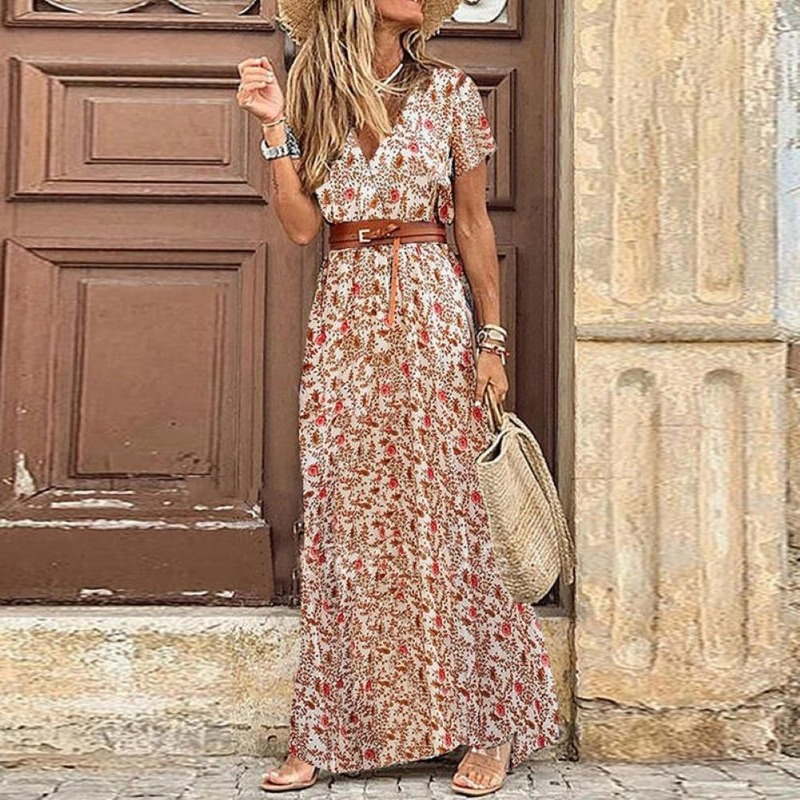 Women's Bohemian Vintage Summer V-Neck Short Sleeves Maxi Dress, with Belt