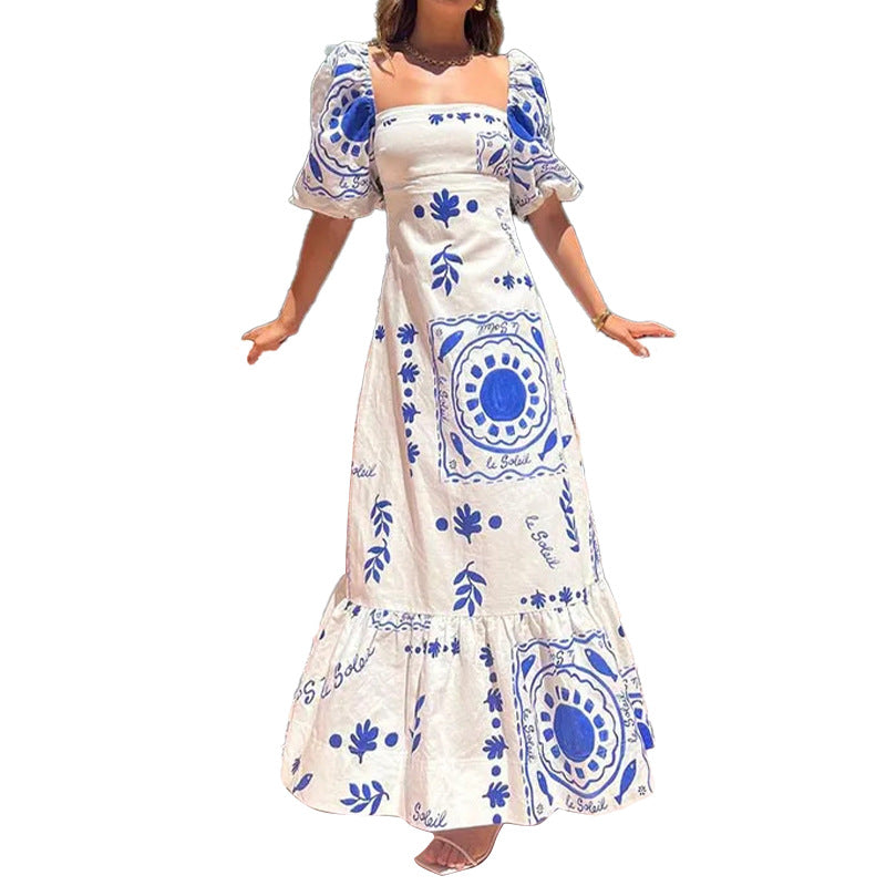 Women's Casual Summer Printed Puff Sleeve Tight Waist Dress