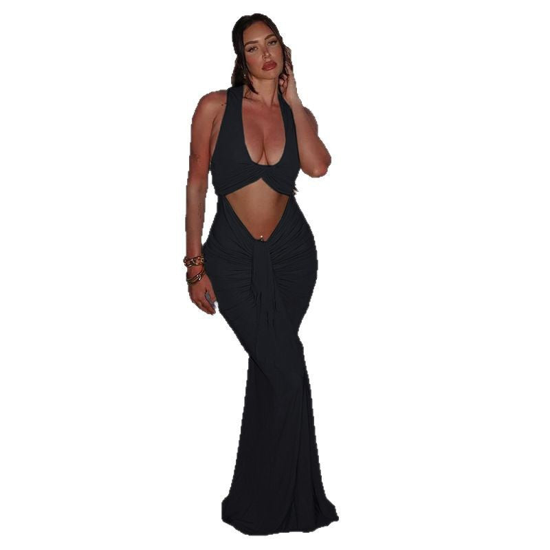 Women's Sexy Solid Color Kink Hollow Pleated Sleeveless Slim-Fit Dress