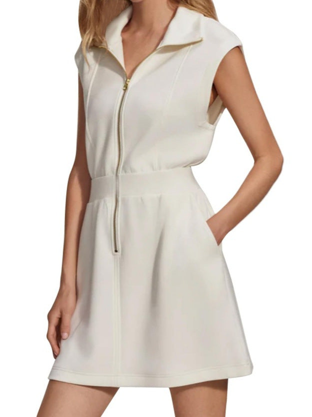 Women's Casual Solid Color Lapel Zipper Pocket Sleeveless Dress