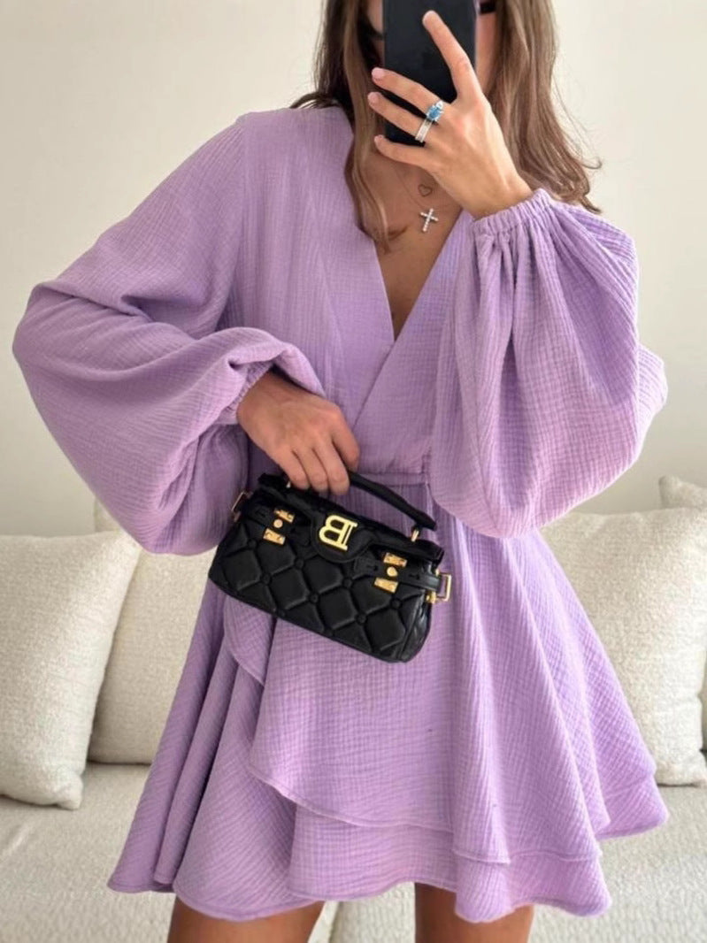 Women's Casual Solid Color V-Neck Long Sleeve Waist Loose A-Line Dress