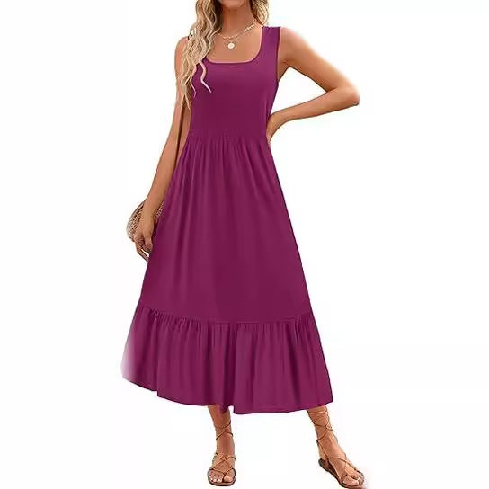 Women's Casual Square Collar Pleated Sleeveless Midi Vest Dress