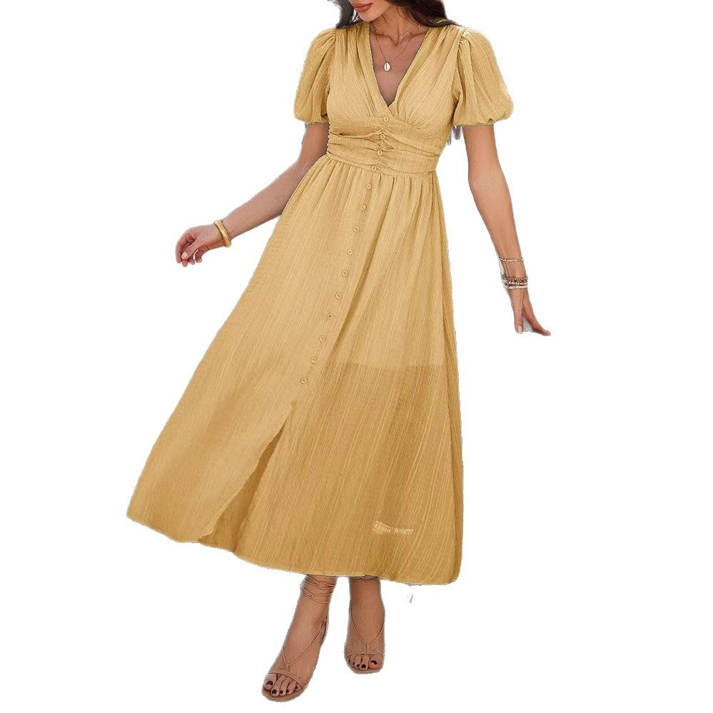 Women's Summer Solid Color V-Neck Short Sleeve Single-Breasted Split Dress