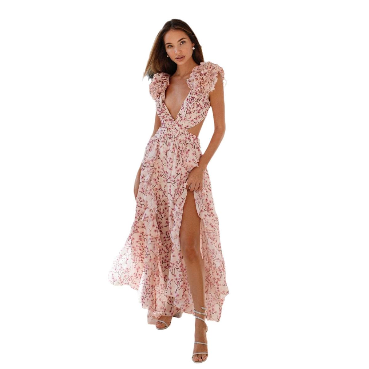 Women's Hollow-Out Slim-Fit Deep V Ruffled Tiny Flower Backless Maxi Dress
