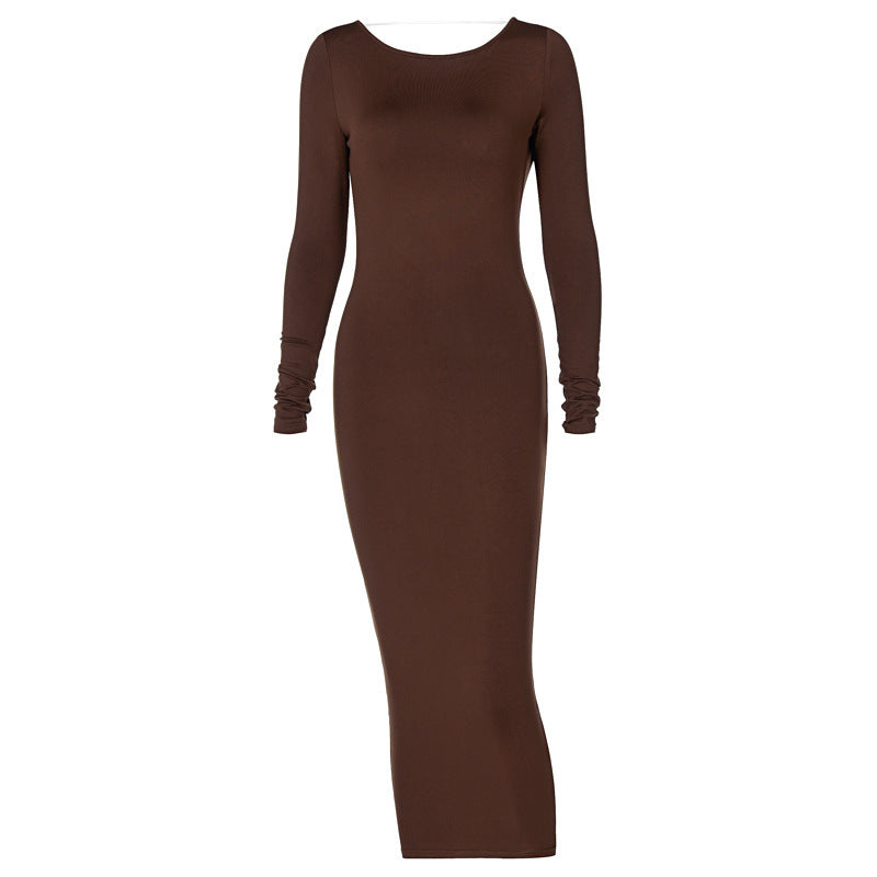 Women's Autumn Basic Solid Color Round Neck Backless Long Sleeve Midi Dress