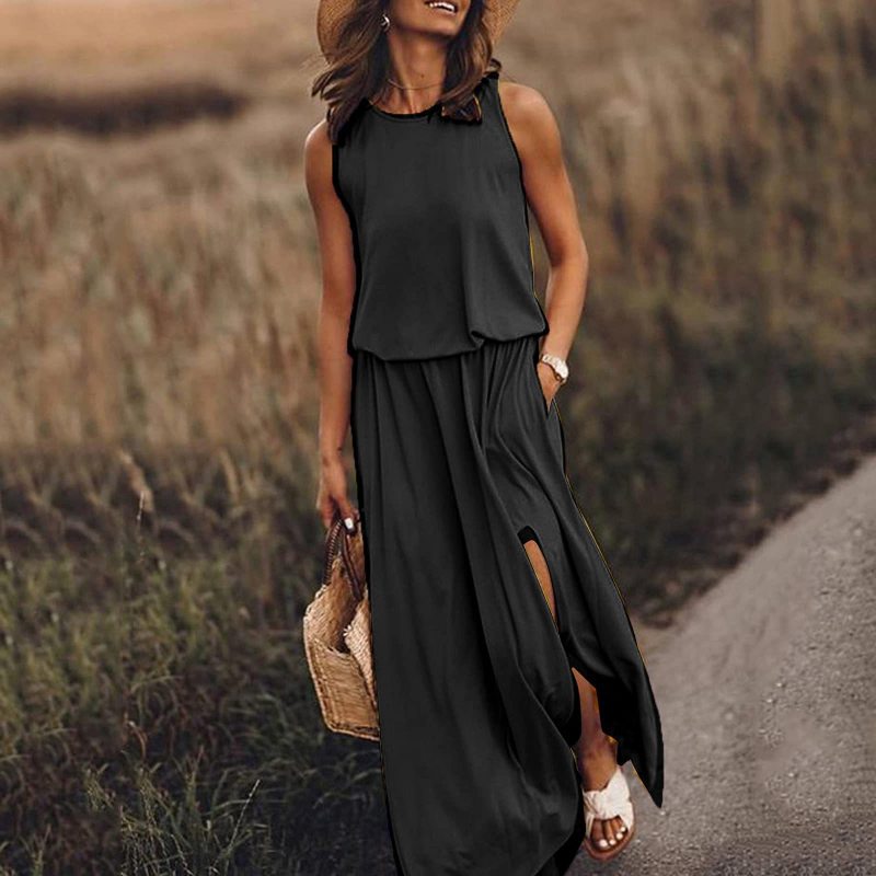 Women's Summer Casual Round Neck Sleeveless Side-Slit Solid Color Long Dress