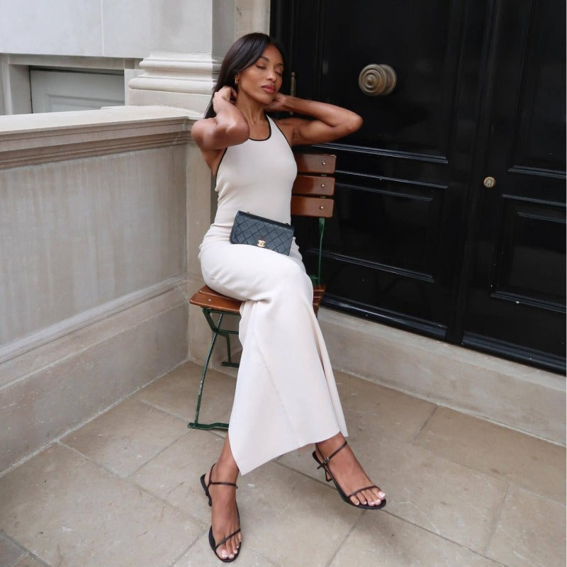 Women's Sexy Halter Neck Crewneck Knit Split Backless Maxi Dress