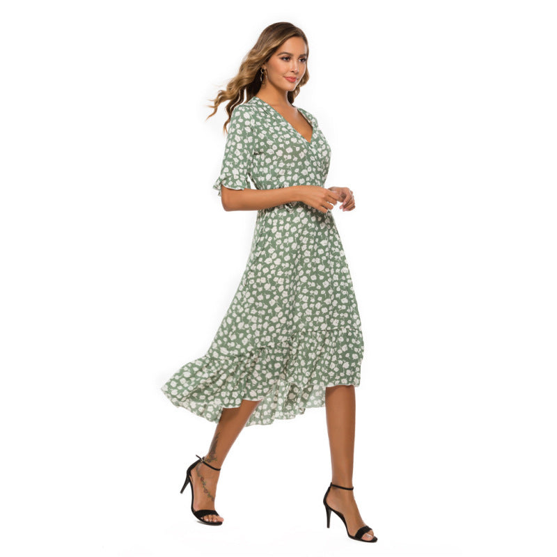 Women's Summer Chiffon Floral Print Ruffled Short Sleeve Swing Slit Midi Dress