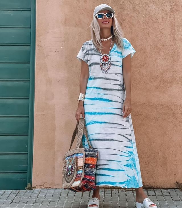 Women's Summer Casual Stripe Print Short Sleeve V-Neck Maxi Dress