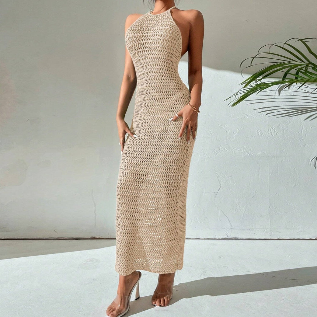 Women's Sexy Solid Color Hanging Neck Backless Knitted Hollow Maxi Dress