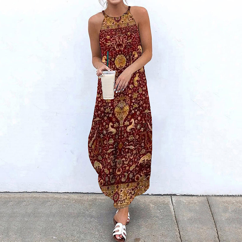 Women's Summer Boho Style Paisley Print Halter Neck Maxi Dress