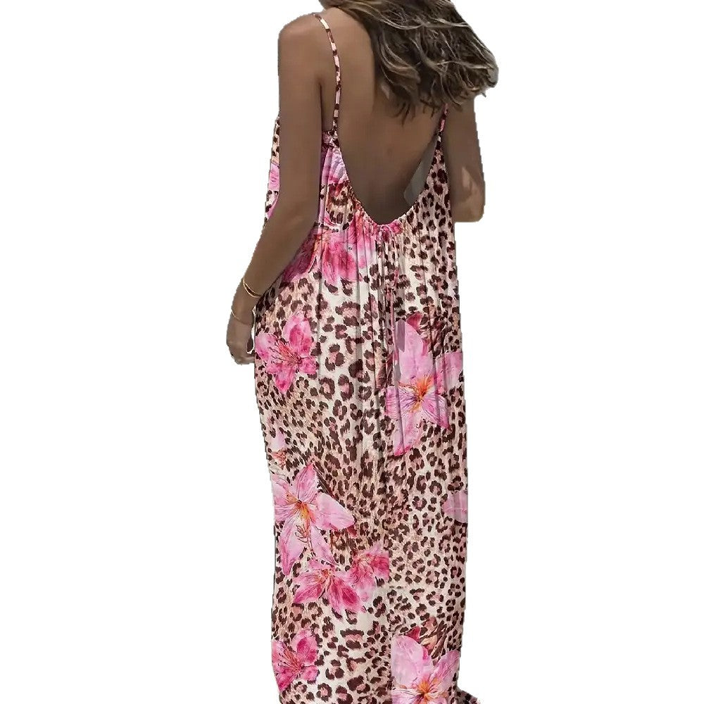 Women's Casual Print Loose Strap Maxi Dress