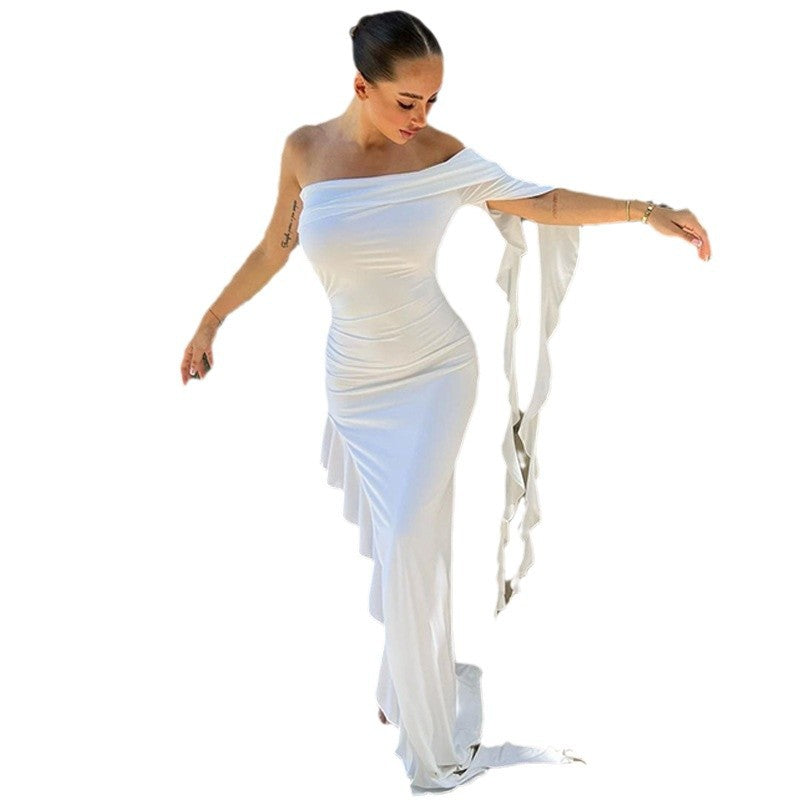 Women's Sexy Solid Color Irregular Off-Shoulder Pleated Slim-Fit Maxi Dress