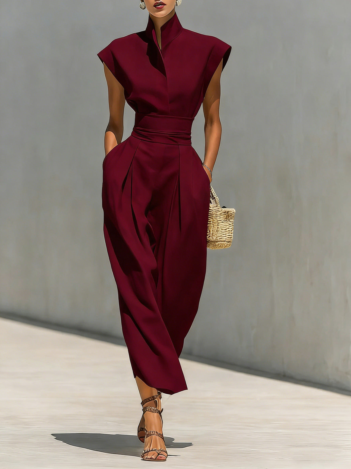 Women's Spring and Office Solid Color High Collar Sleeveless Tight Waist Dress