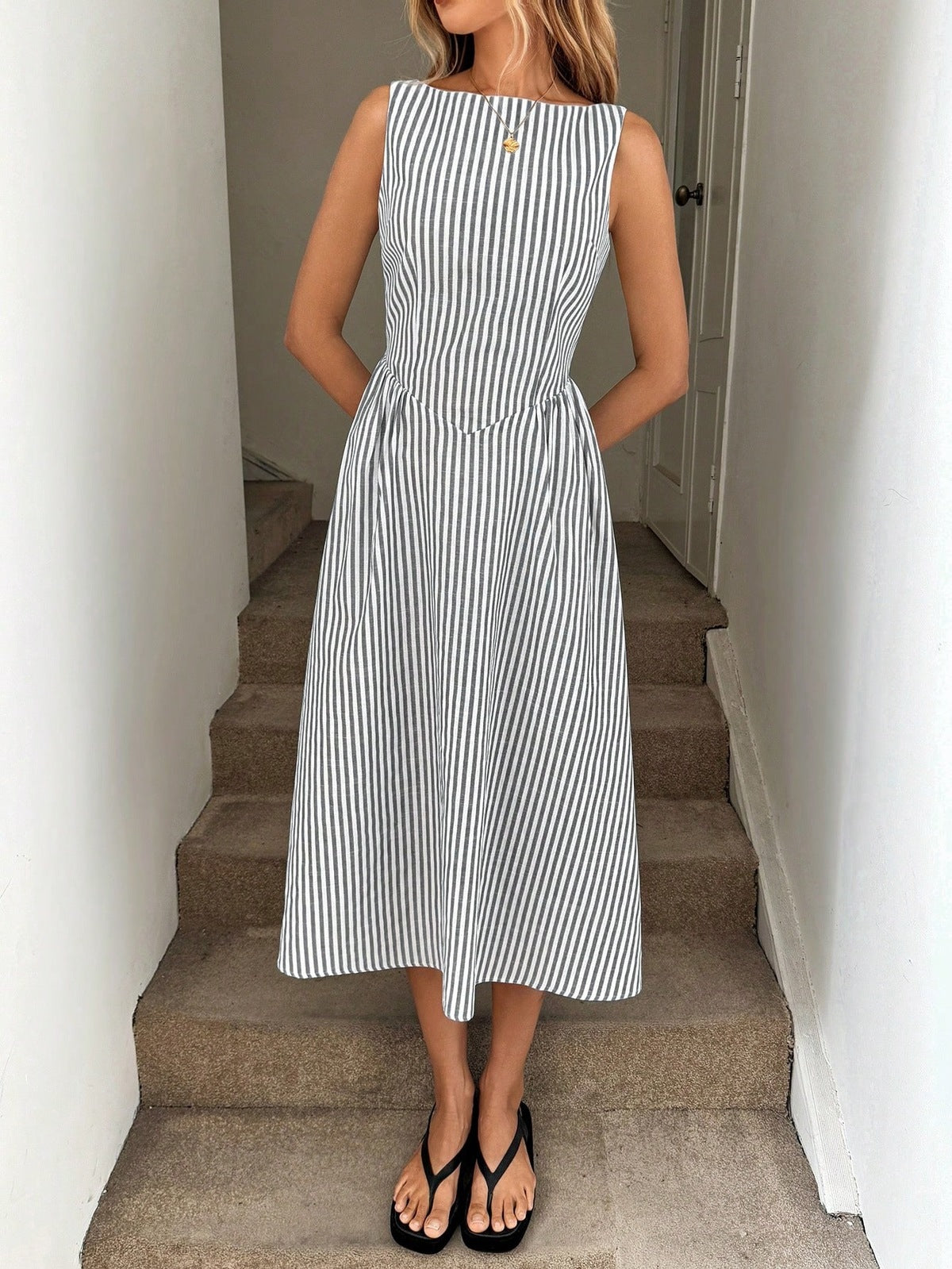 Women's Casual Stripe Sleeveless Loose A-Line Dress