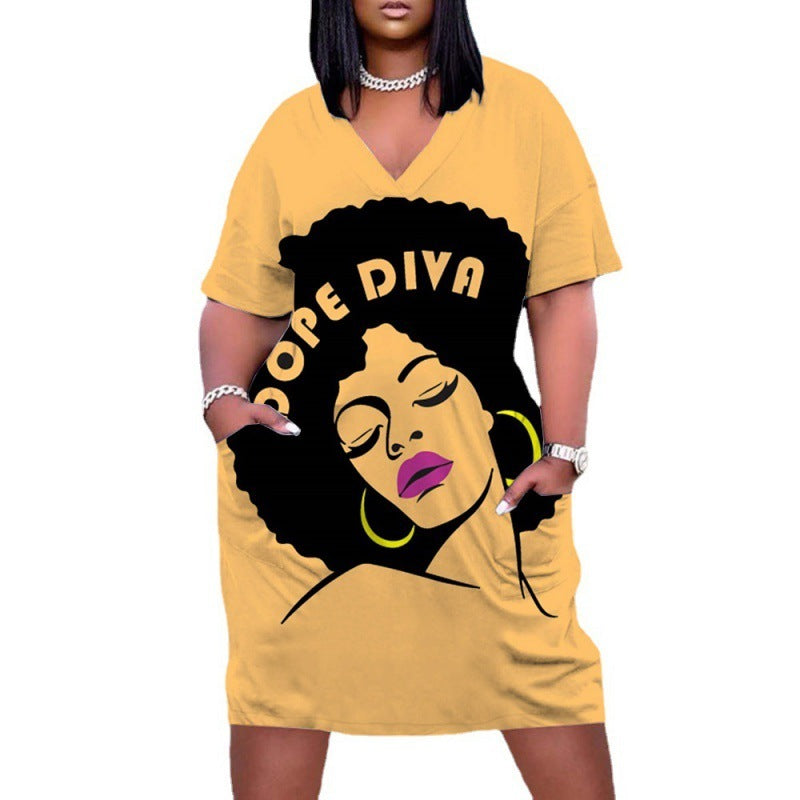 Women's Multicolor Human Avatar Printed V-Neck Long Sleeve Mid-Length Dress
