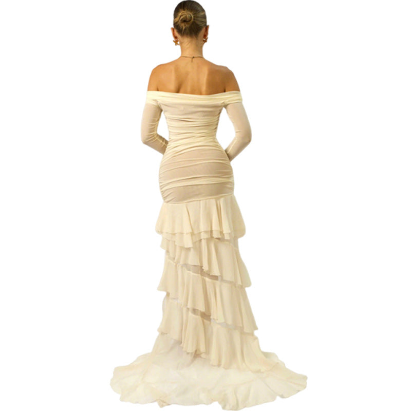 Summer Personality Temperament Off-Shoulder Mesh Stitching Perspective Dress