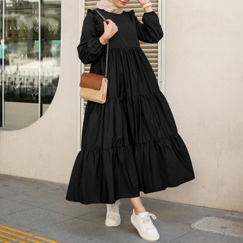 Plus Size Muslim Ruffled Long Sleeves Pleated Hem Solid Color Maxi Dress