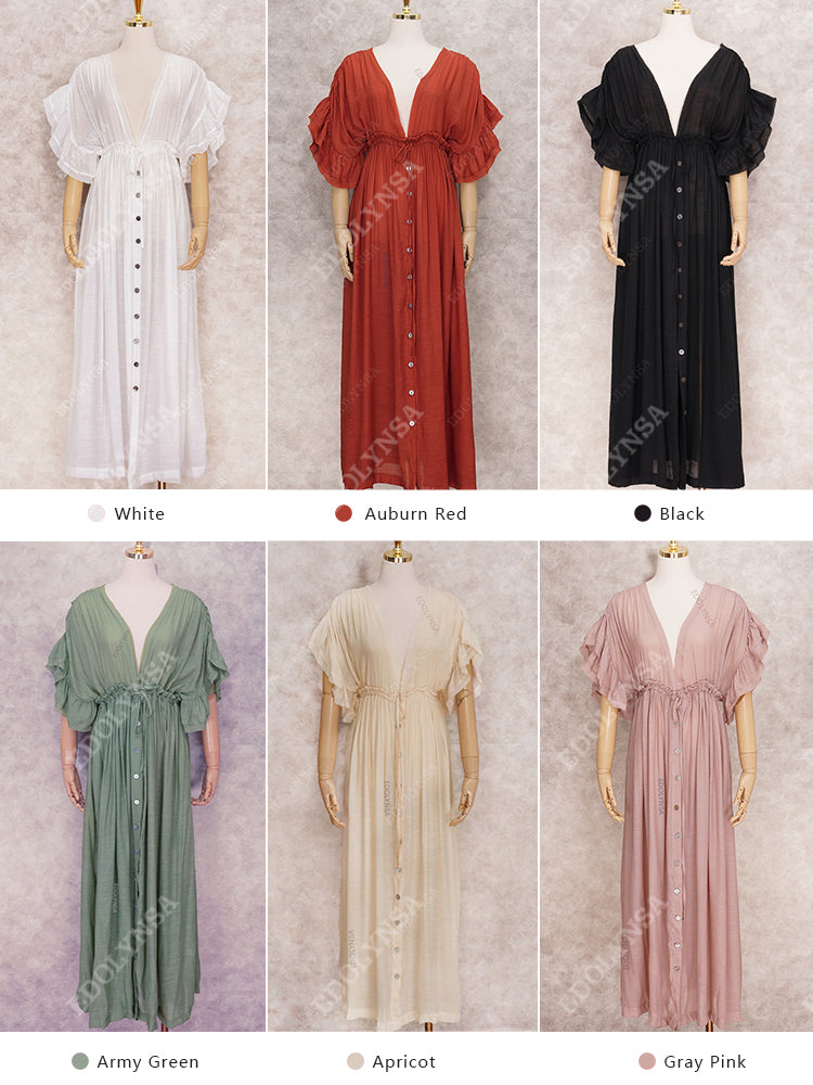 Sexy Deep V-Neck Butterfly Sleeve Self Belted High Waist Button Front Open Dress